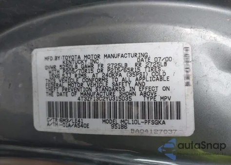 2000 Toyota Sienna Xle from USA, damaged, VIN 4T3ZF13C2YU315035